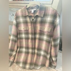 Old Navy Boyfriend Style Pink and Green Plaid Shirt